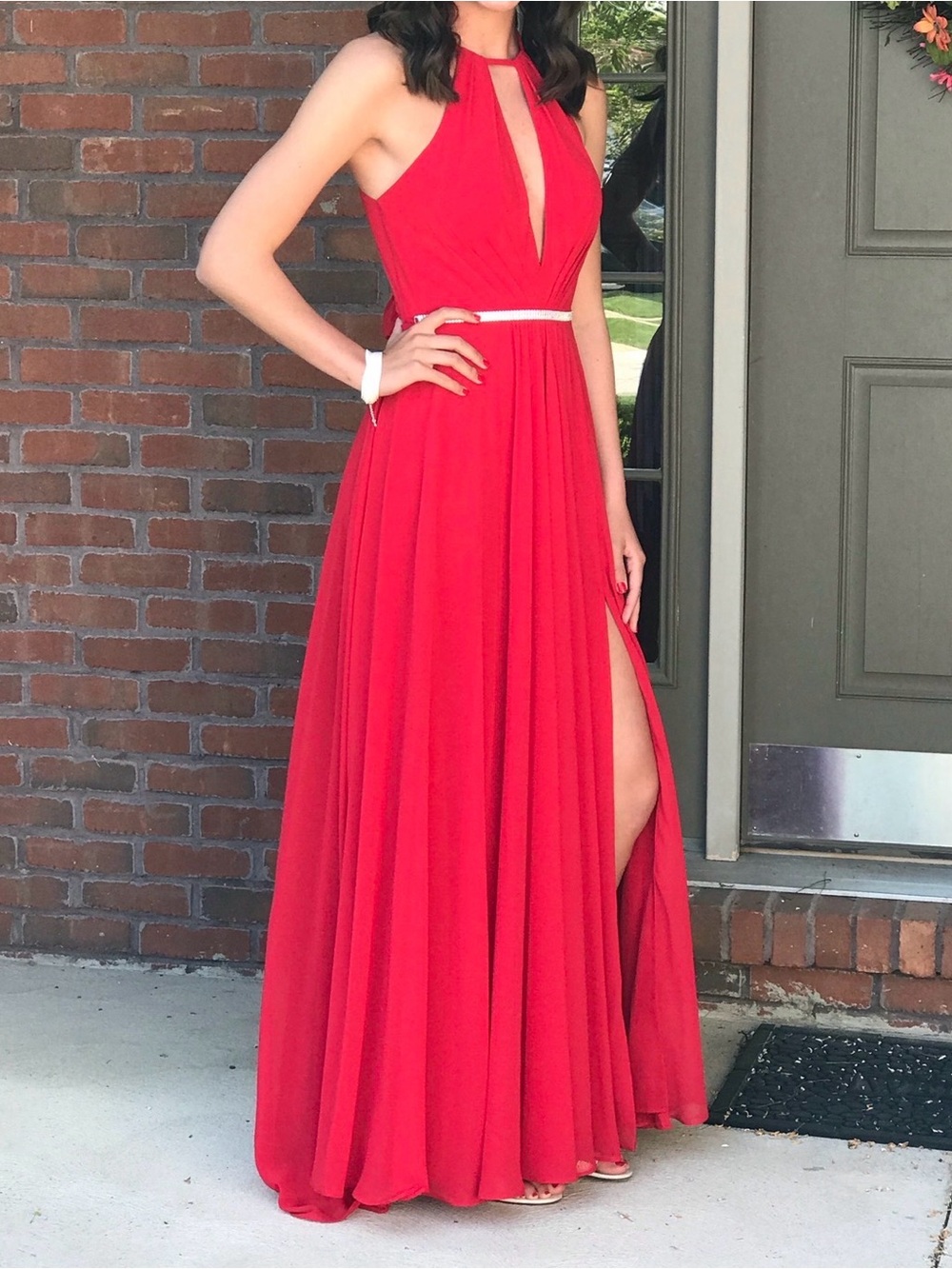Faviana Red Halter Gown with Front Slit